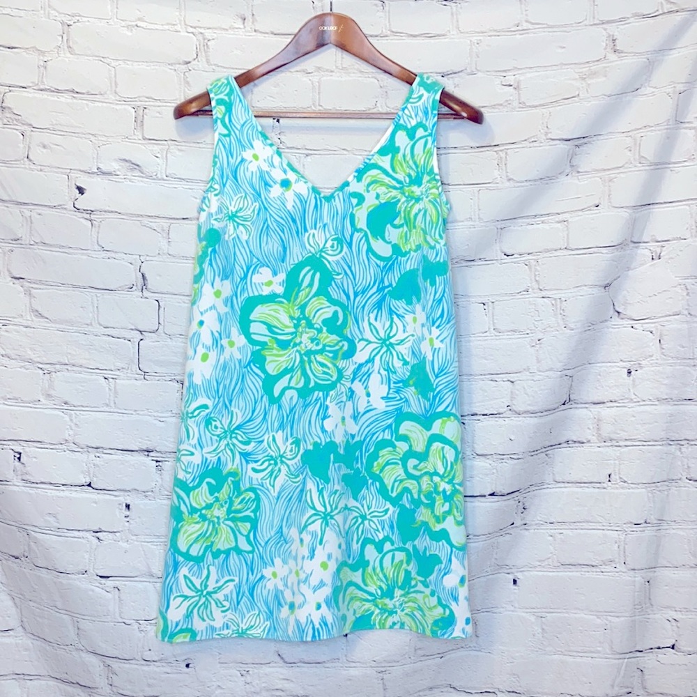 Lilly Pulitzer Blue Green White Floral V-Neck Sleeveless Shift Dress Size 00